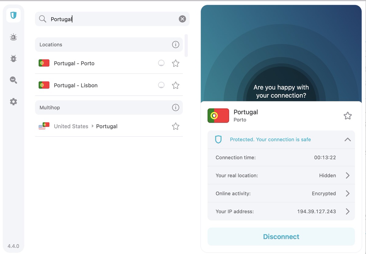 No app da Surfshark, busque por Portugal no menu de localizações e conecte-se ao servidor de Lisboa para obter um IP português.