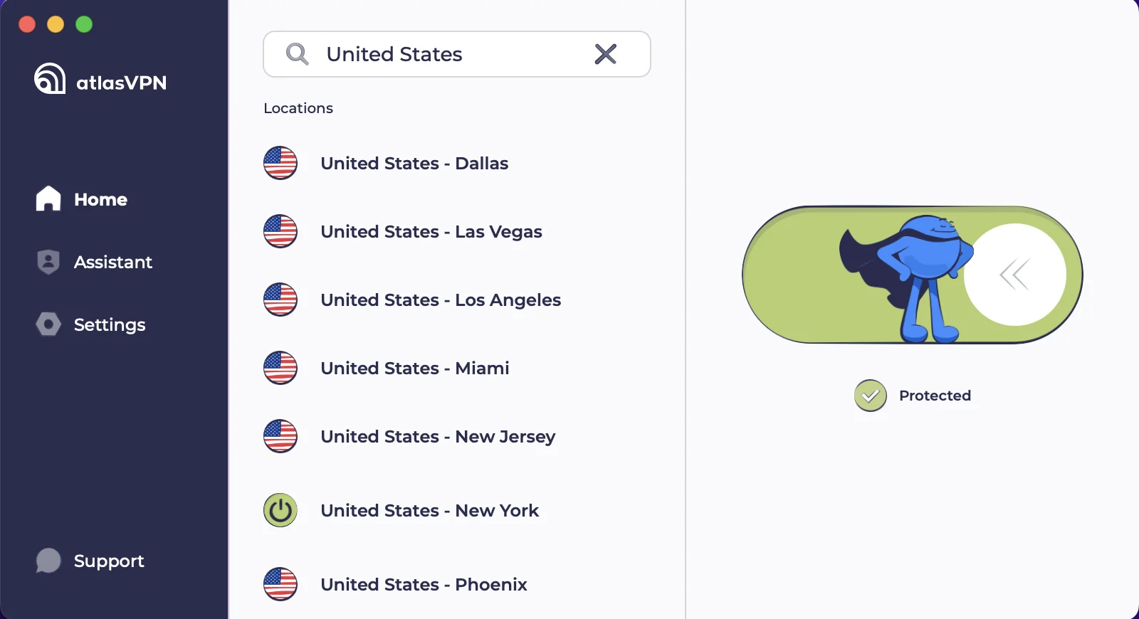 To get a US IP address, simply search for "United States" and select a server from AtlasVPN's home menu.