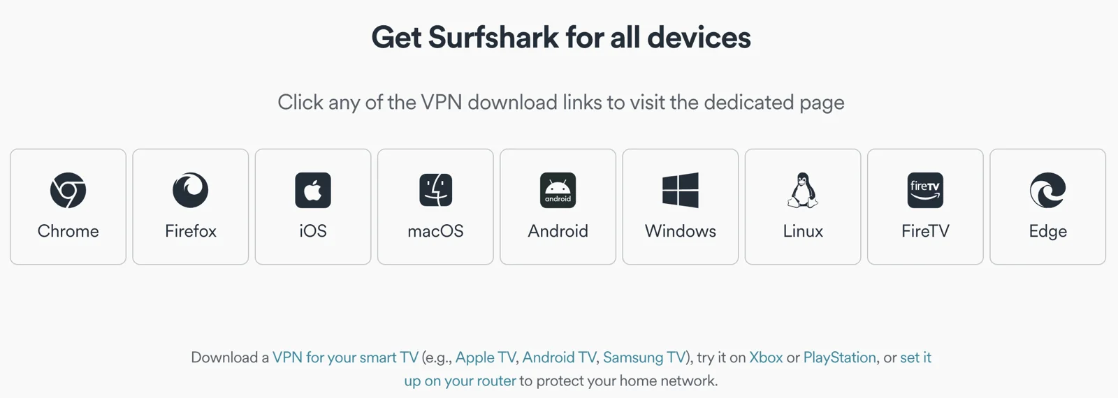 Surfshark supports an unlimited number of simultaneous connections on the devices and systems shown in the image.