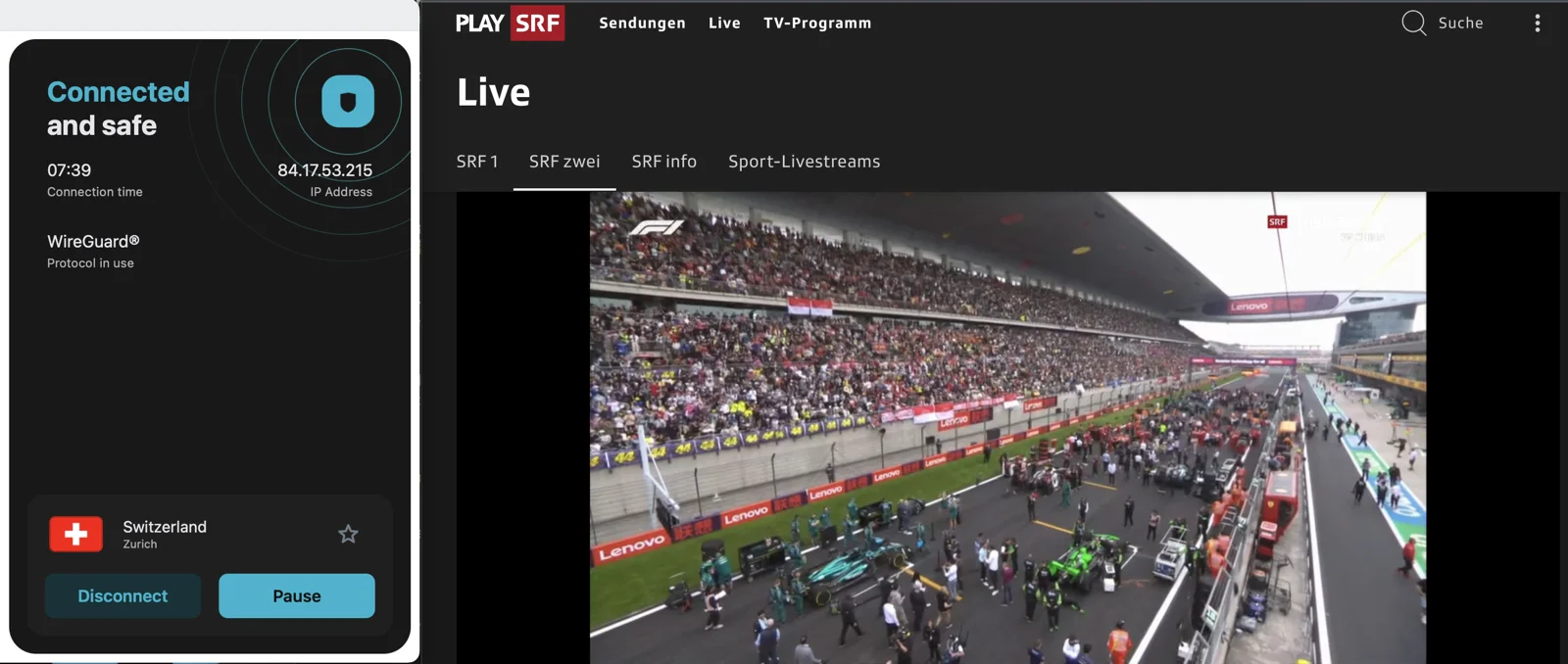 Puoi guardare F1 gratis su RSI La 2 / SRF connettendoti ai server svizzeri di Surfshark.
